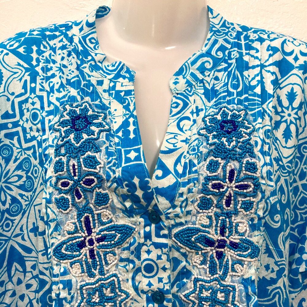 Siya Button up Dress Tiered Floral Beaded Pom Pom Hem Boho Cottagecore Blue L? - Picture 5 of 15